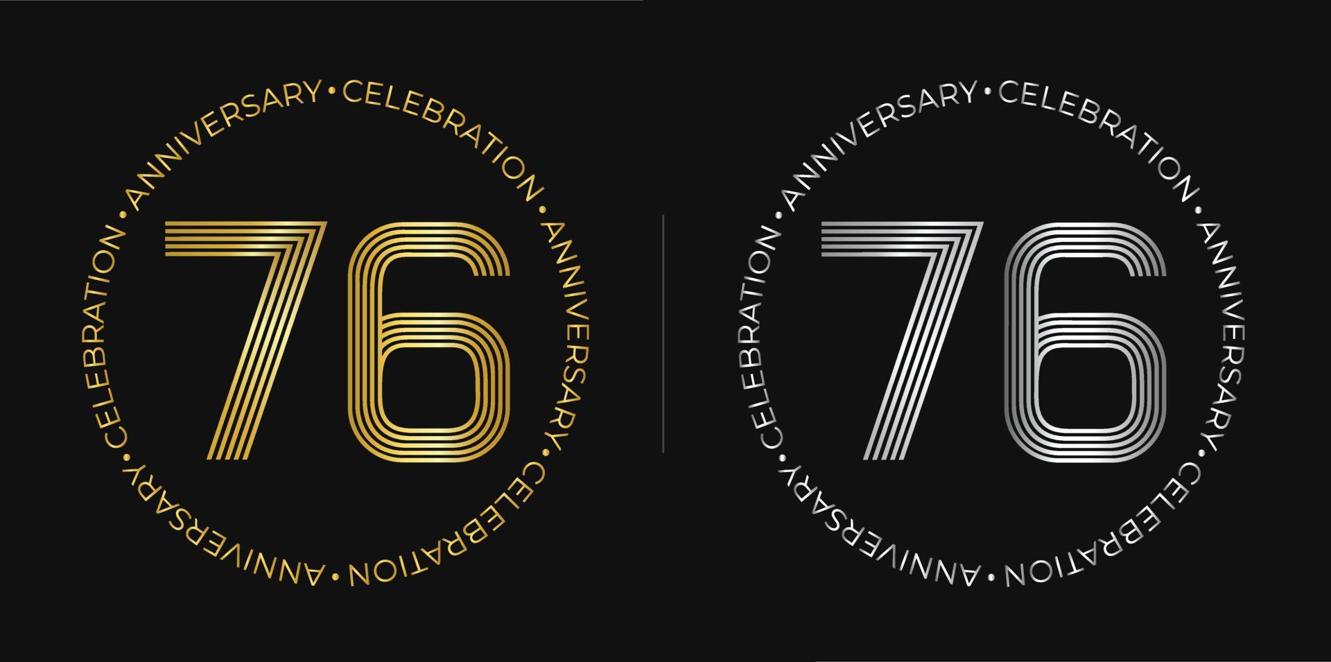 76 ° compleanno. settantasei anni anniversario celebrazione bandiera nel d'oro e argento colori. circolare logo con originale numeri design nel elegante Linee. vettore