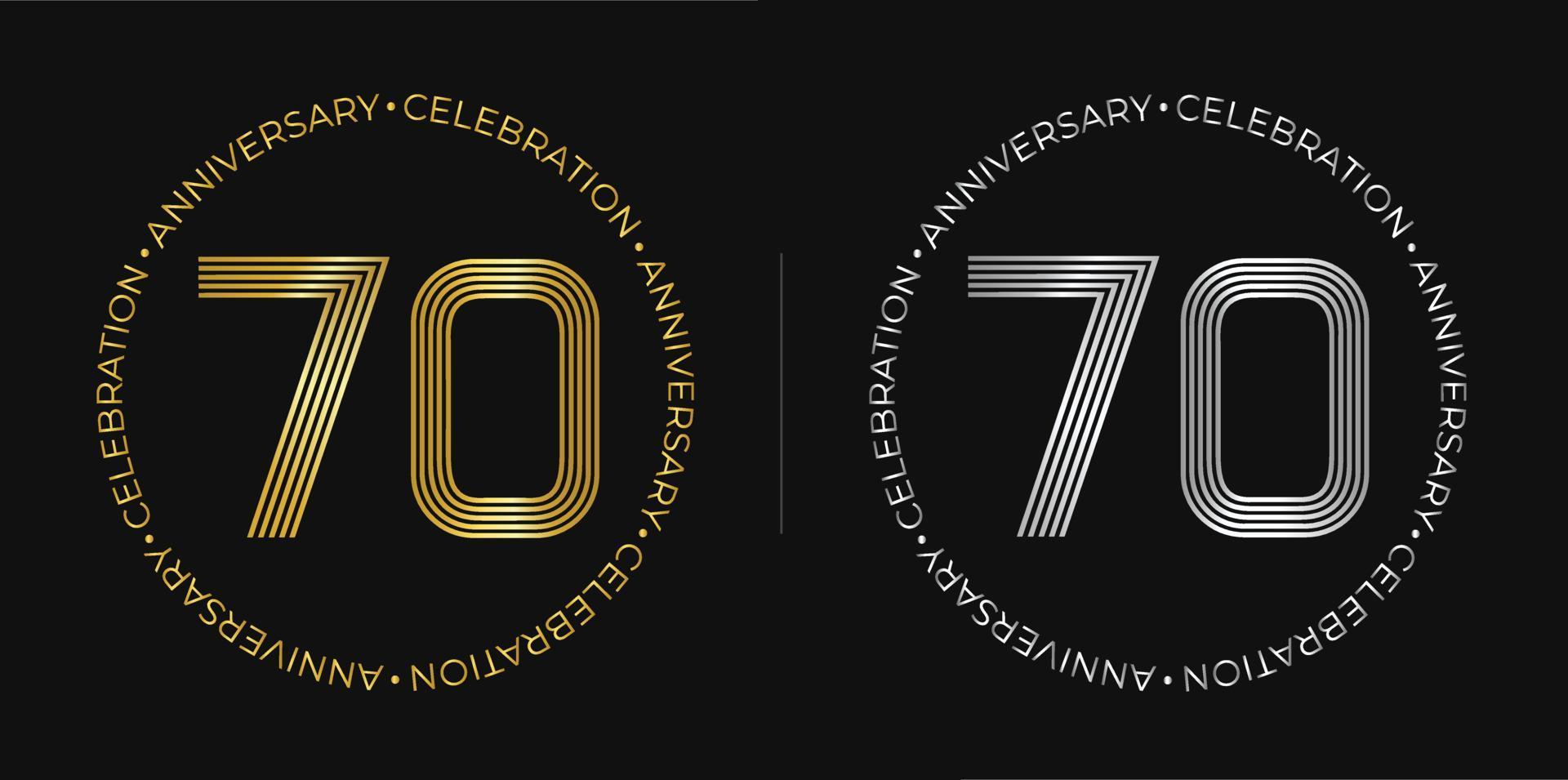 70 ° compleanno. Settanta anni anniversario celebrazione bandiera nel d'oro e argento colori. circolare logo con originale numeri design nel elegante Linee. vettore