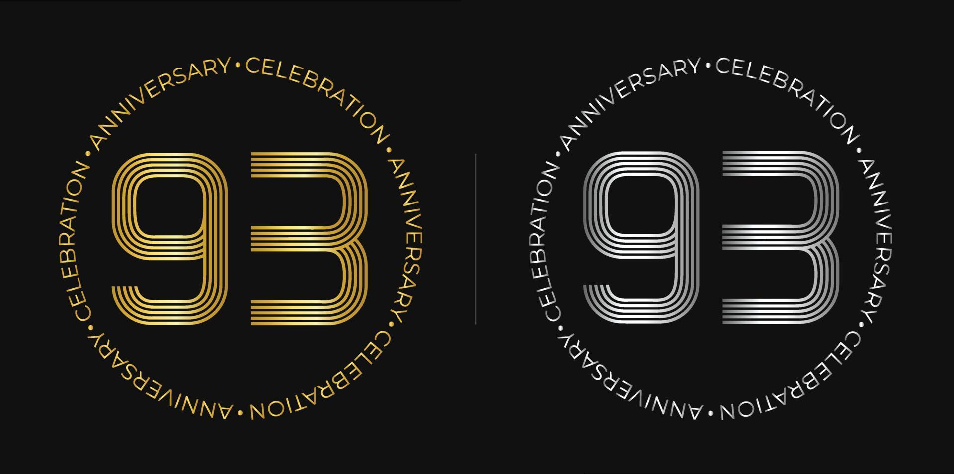 93 ° compleanno. novanta tre anni anniversario celebrazione bandiera nel d'oro e argento colori. circolare logo con originale numero design nel elegante Linee. vettore