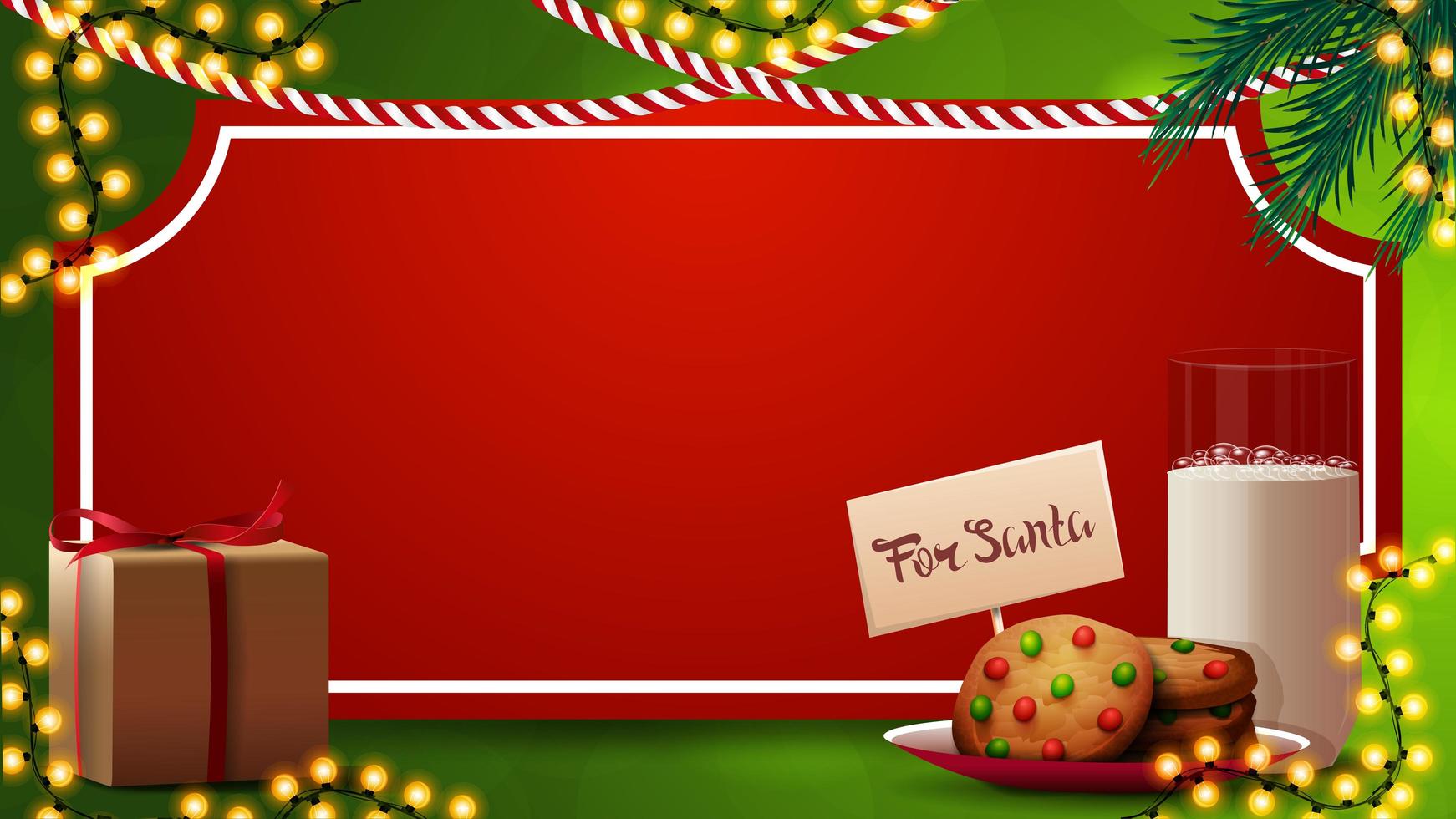 modello di Natale per le tue arti con foglio di carta rosso sotto forma di biglietto vintage, rami di albero di Natale, ghirlande e biscotti con un bicchiere di latte per Babbo Natale vettore
