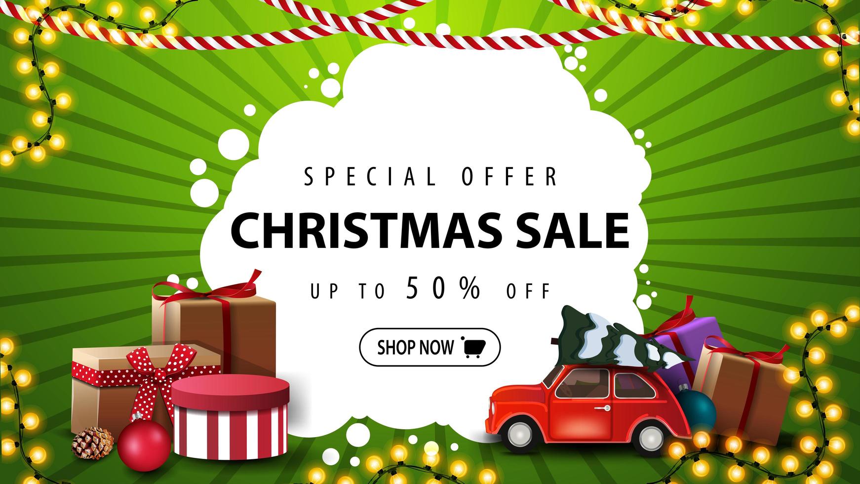 offerta speciale, saldi natalizi, fino a 50 sconti, striscione verde e bianco con regali, ghirlanda e auto d'epoca rossa con albero di natale vettore