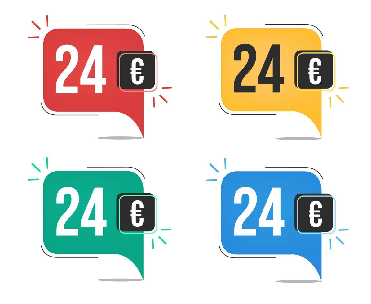 24 Euro prezzo. giallo, rosso, blu e verde moneta tag con Palloncino concetto. vettore