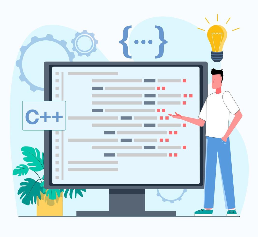 programmatore Lavorando. il programmatore lavori su il computer. un' uomo è in piedi Il prossimo per un' tenere sotto controllo mostrando finestre con programma codice. piatto vettore illustrazione.