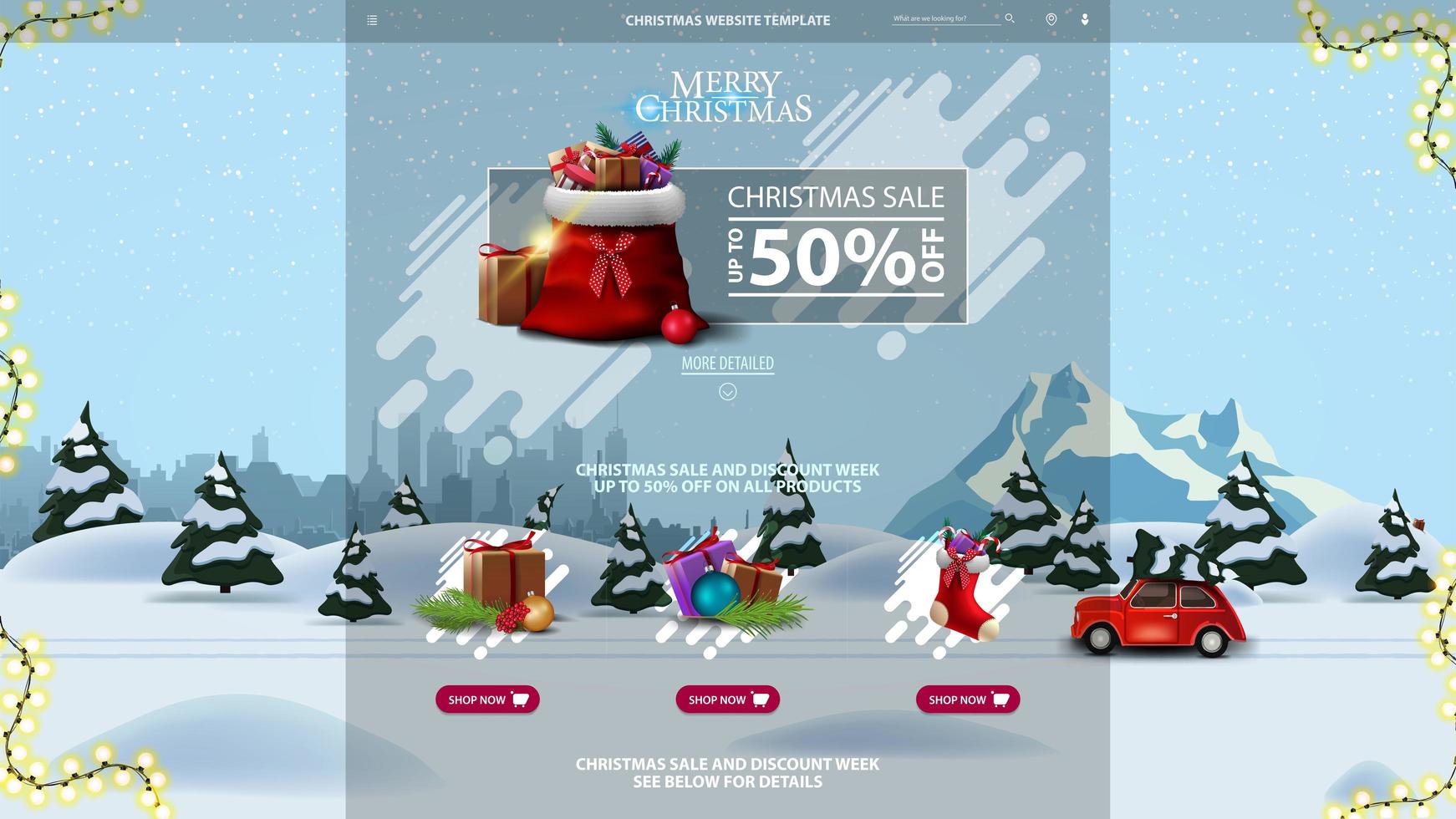 modello di sito Web di Natale con banner di sconto con borsa di Babbo Natale con regali e paesaggio invernale di cartone animato con auto d'epoca rossa che trasportano albero di Natale sullo sfondo vettore