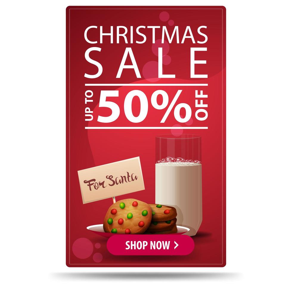 saldi natalizi, fino a 50, banner sconto rosso verticale con bottone e biscotti con un bicchiere di latte per babbo natale vettore