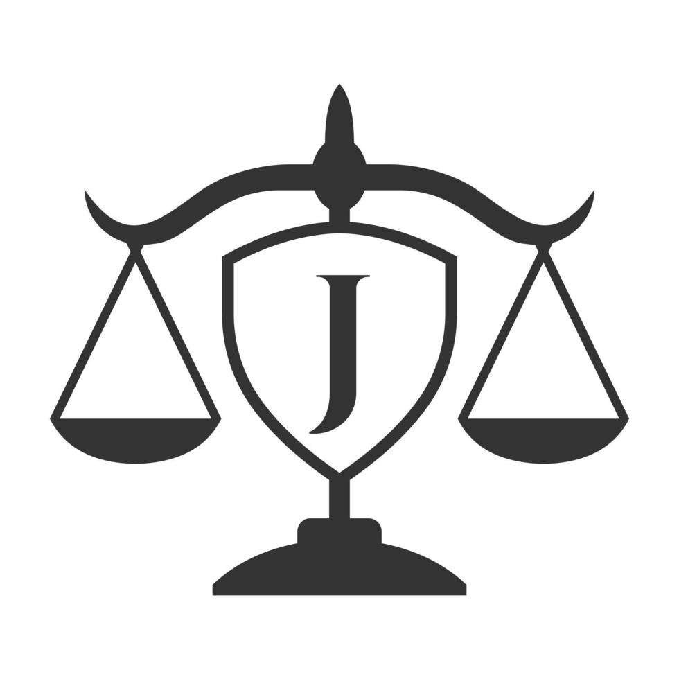 legge azienda logo design su lettera j con scudo cartello. legge logo, avvocato e giustizia, legge avvocato, legale, avvocato servizio, legge ufficio, scala logo modello vettore