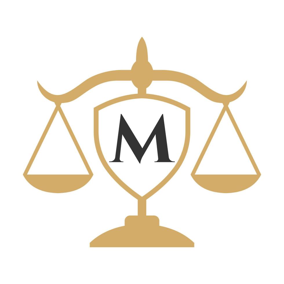 legge azienda logo design su lettera m con scudo cartello. legge logo, avvocato e giustizia, legge avvocato, legale, avvocato servizio, legge ufficio, scala logo modello vettore