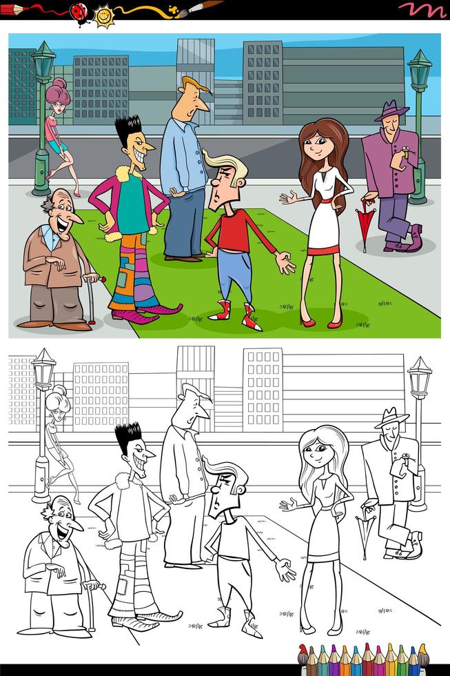 gruppo di persone dei cartoni animati nella pagina del libro da colorare città vettore