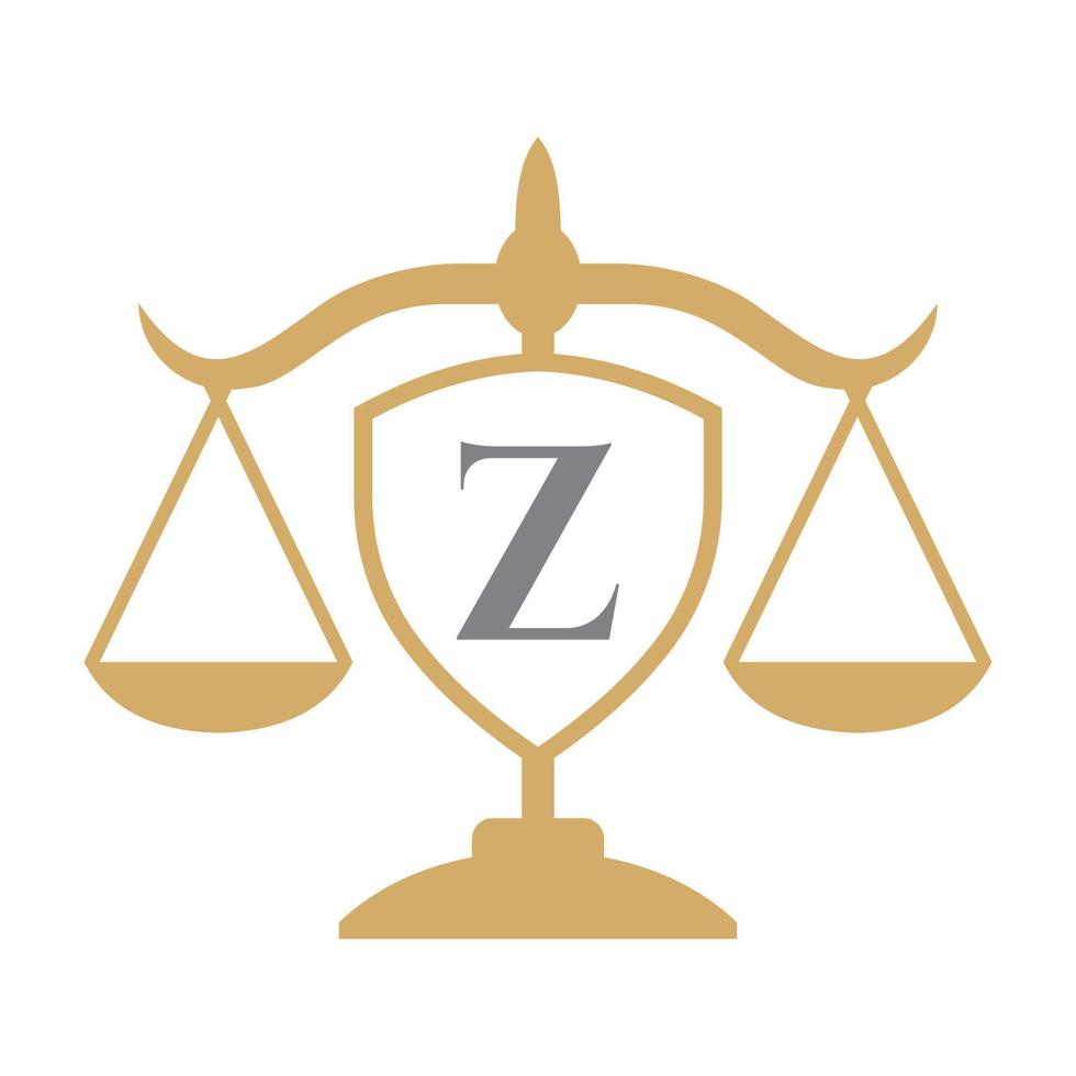 legge azienda logo design su lettera z con scudo cartello. legge logo, avvocato e giustizia, legge avvocato, legale, avvocato servizio, legge ufficio, scala logo modello vettore