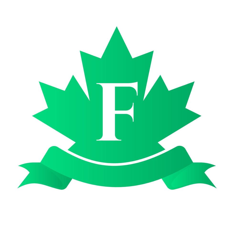 canadese rosso acero su lettera f foca e nastro. lusso araldico cresta logo elemento Vintage ▾ alloro vettore