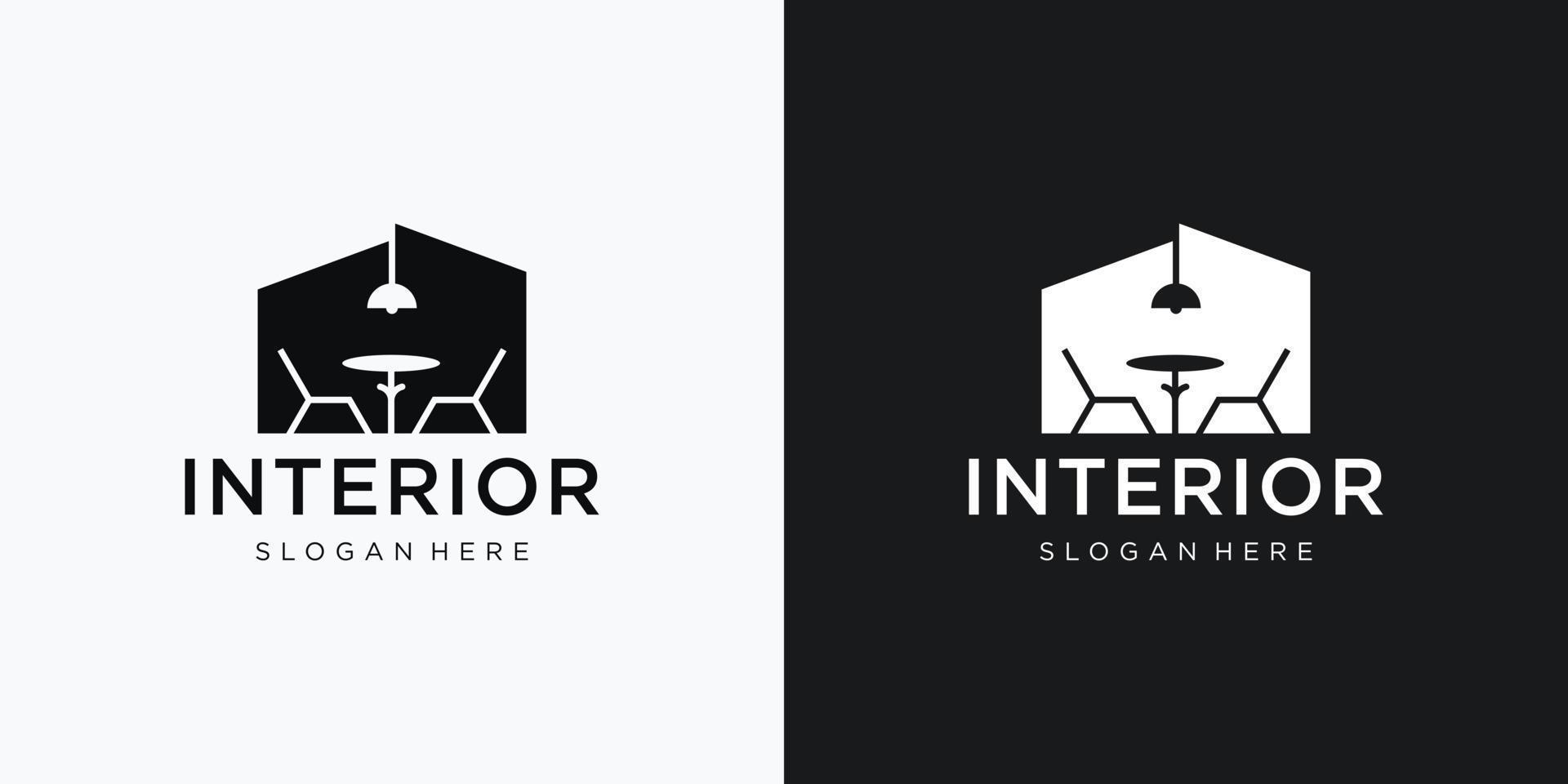 interno camera logo, mobilia galleria logo design Casa leggero lampadina negativo spazio concetto. vettore