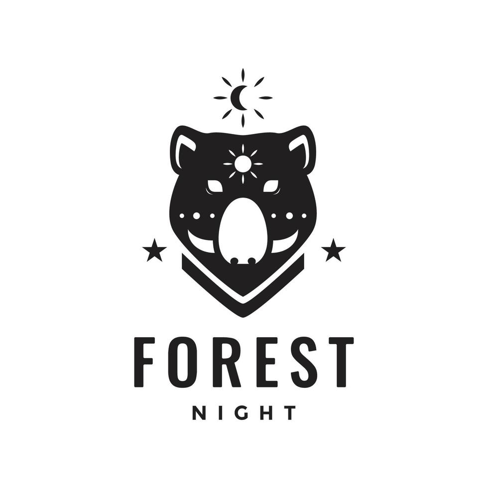 foresta animale notturno a caccia cibo selvaggio cinghiale testa mezzaluna logo design icona illustrazione modello vettore