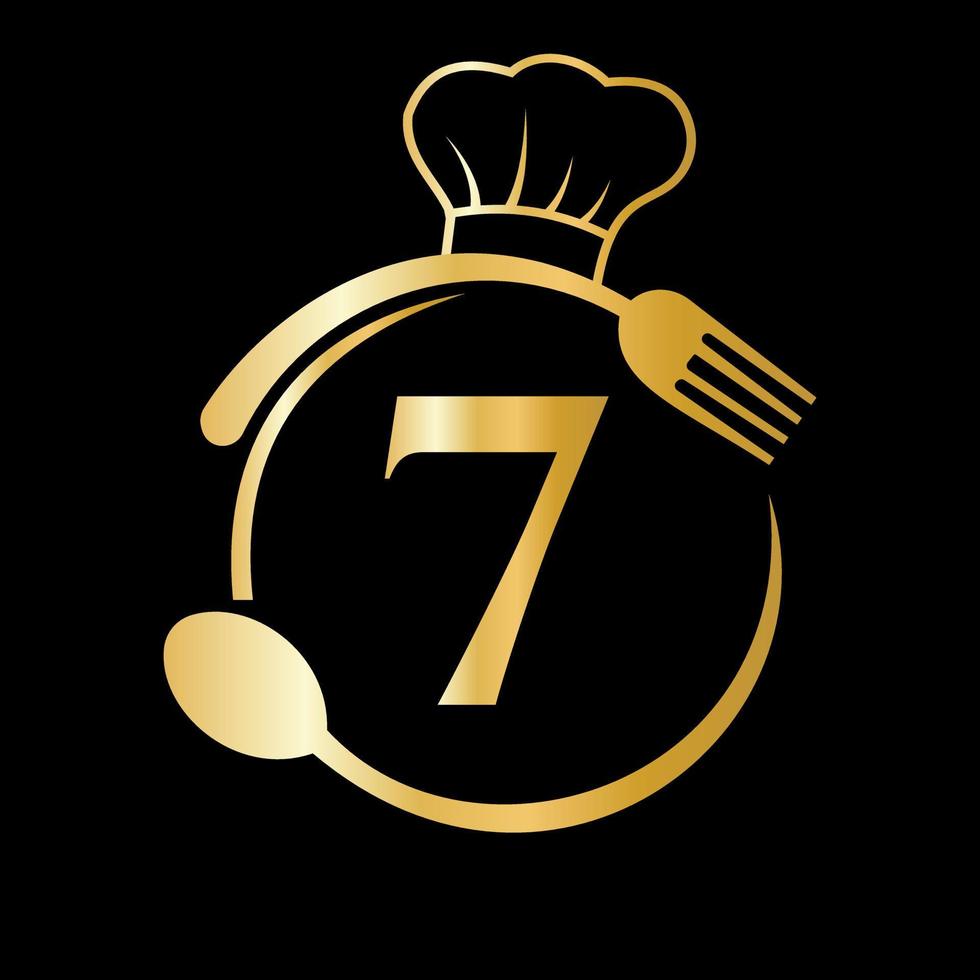 ristorante logo su lettera 7 concetto. capocuoco cappello, cucchiaio e forchetta per ristorante logo vettore