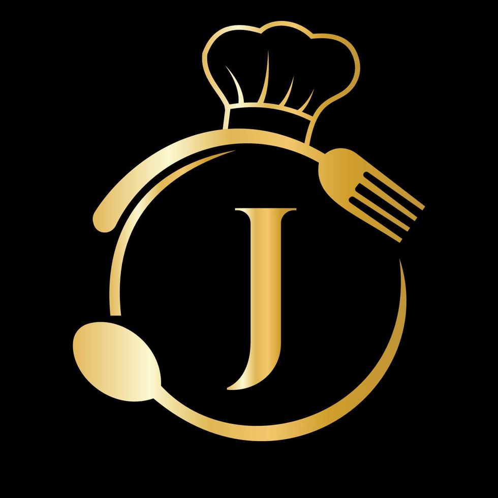 ristorante logo su lettera j concetto. capocuoco cappello, cucchiaio e forchetta per ristorante logo vettore