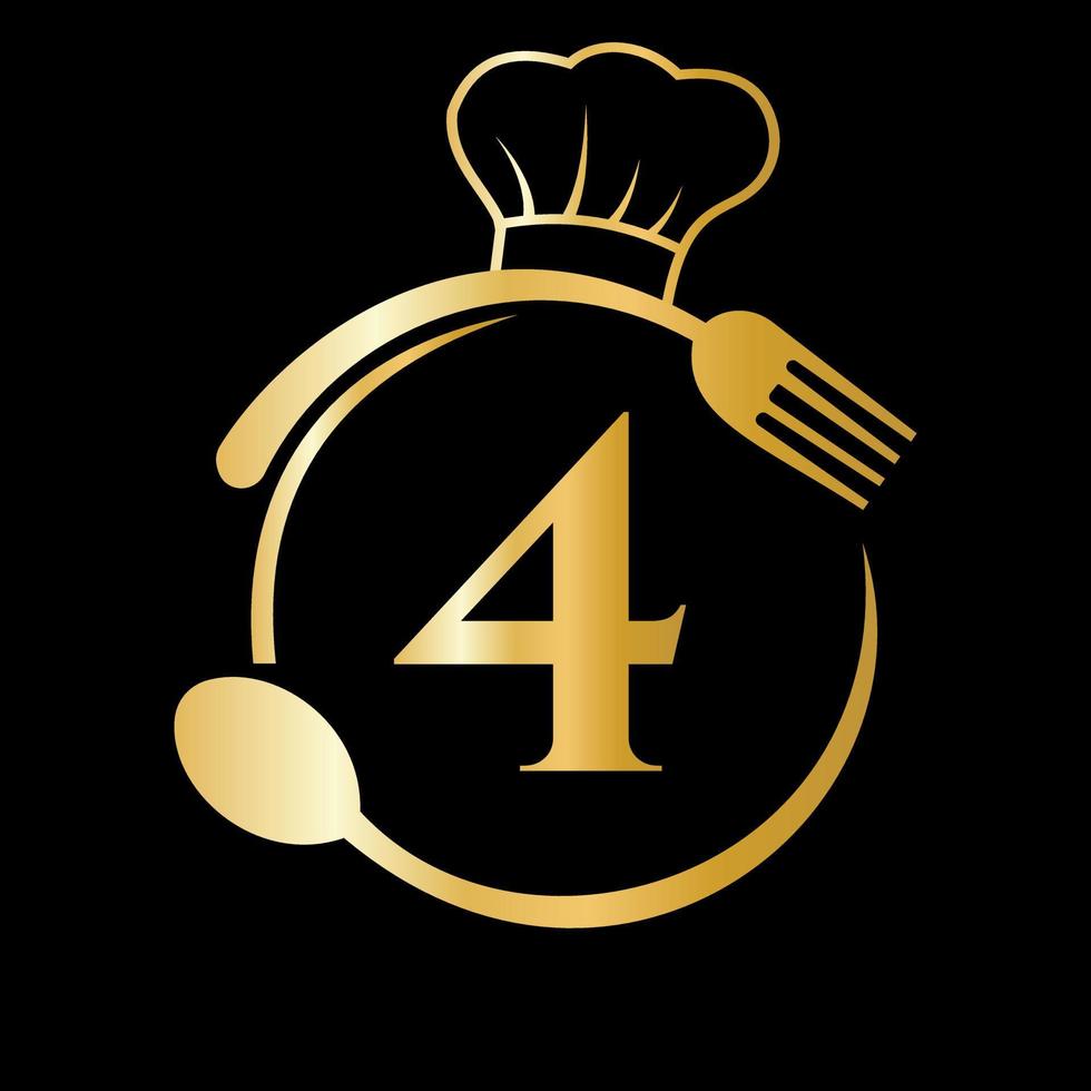 ristorante logo su lettera 4 concetto. capocuoco cappello, cucchiaio e forchetta per ristorante logo vettore
