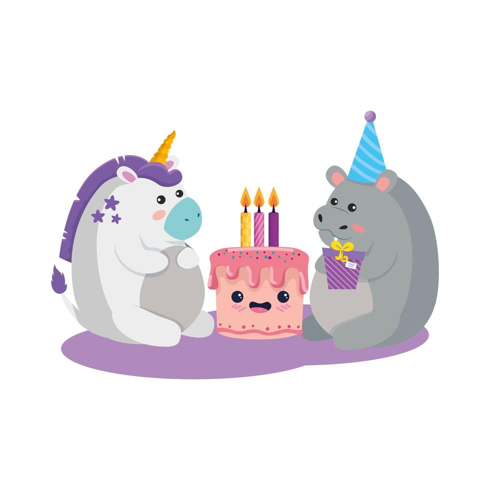 unicorno e ippopotamo con disegno vettoriale di buon compleanno