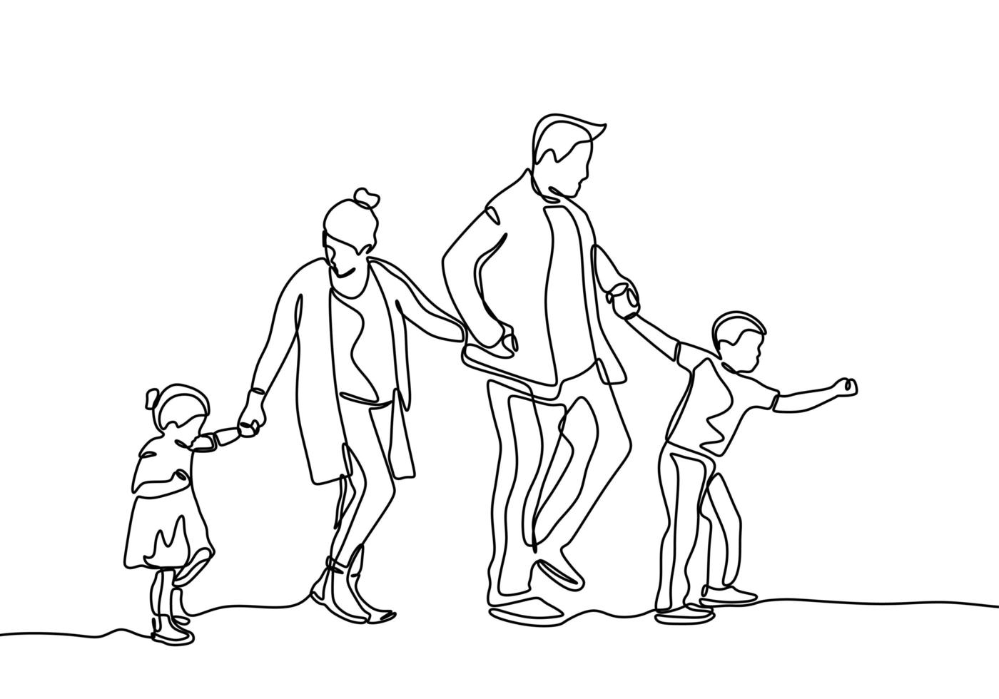disegno a tratteggio continuo dei membri della famiglia. padre, madre, figlia e figlio si tengono per mano insieme. vettore
