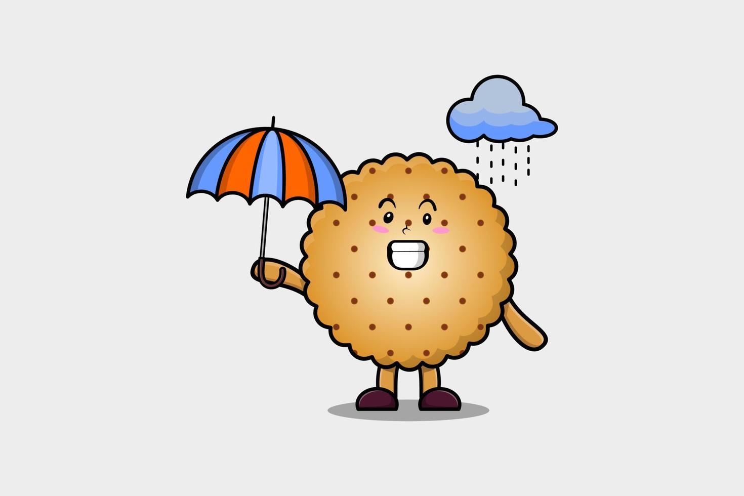 carino cartone animato biscotti nel pioggia e utilizzando un ombrello vettore