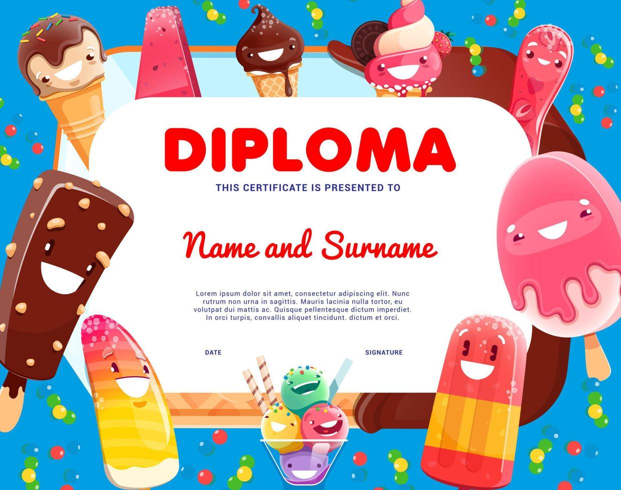 bambini diploma con cartone animato ghiaccio crema personaggi vettore