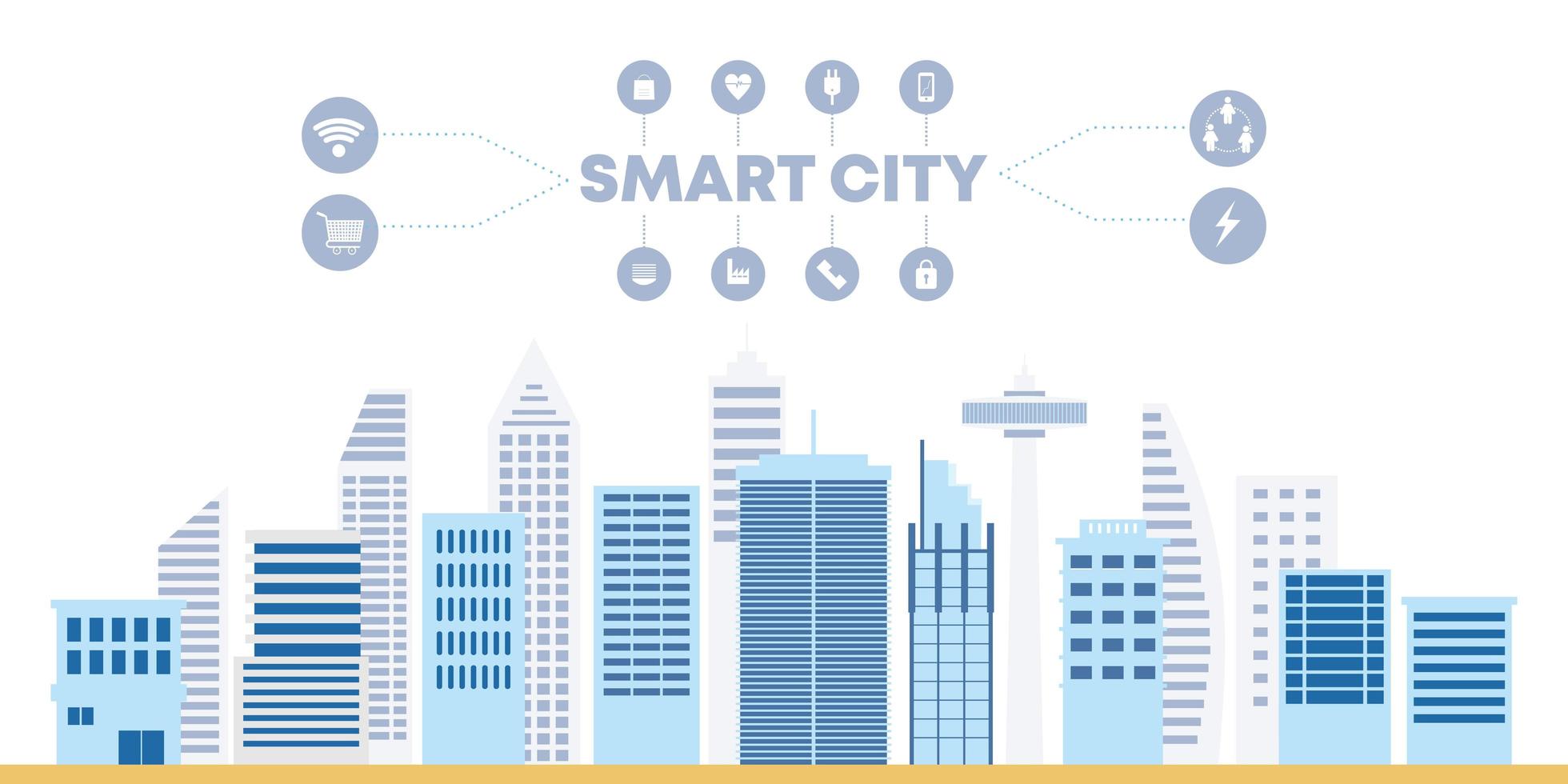 vettore piatto smart city, edifici e rete di comunicazione scrapper città.