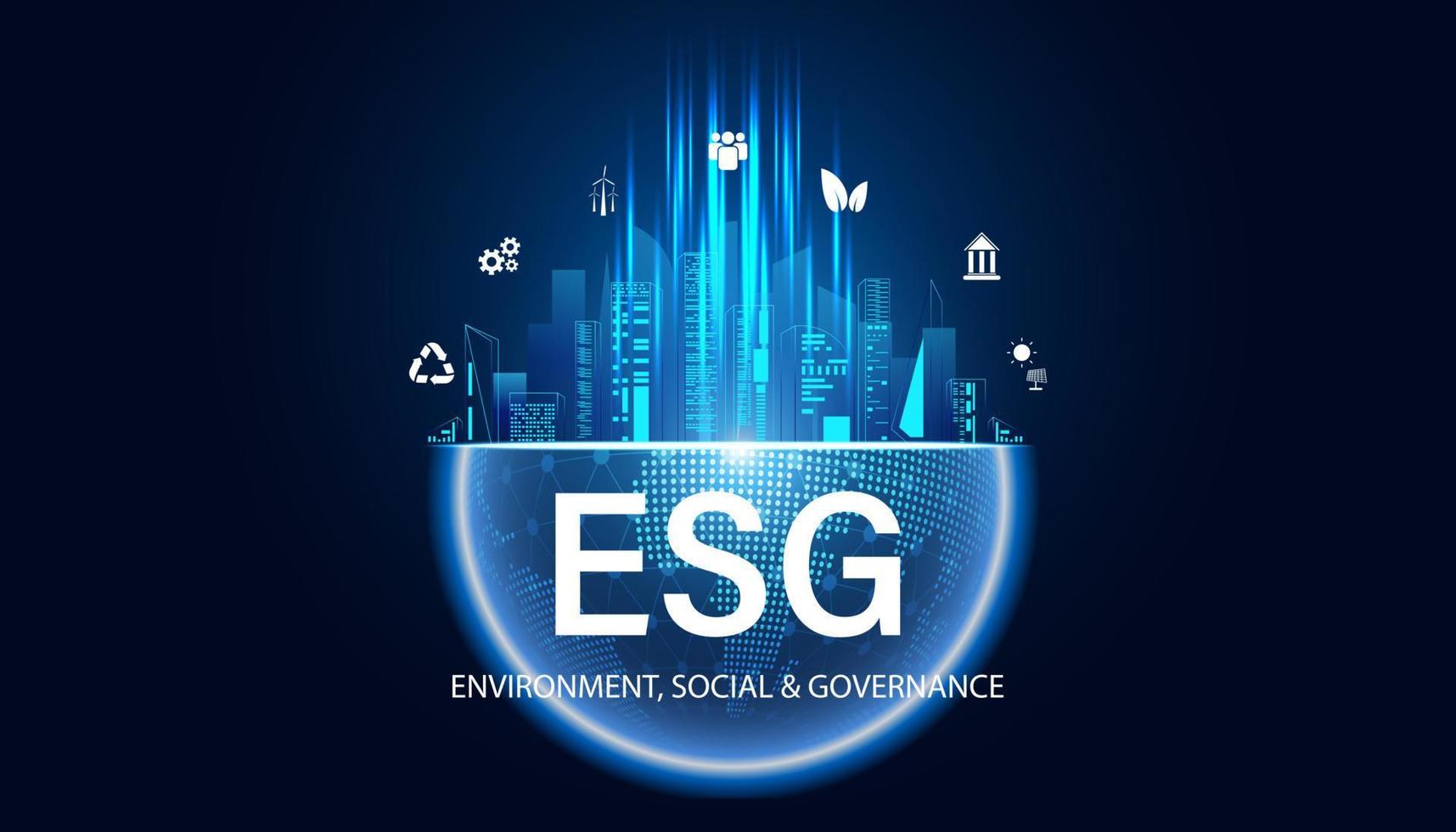 astratto esg concetto ambiente, sociale, e governo, illustrato idea globale energia conservazione e icone, le persone, vento turbine, banca, solare energia e circolare economia su blu vettore