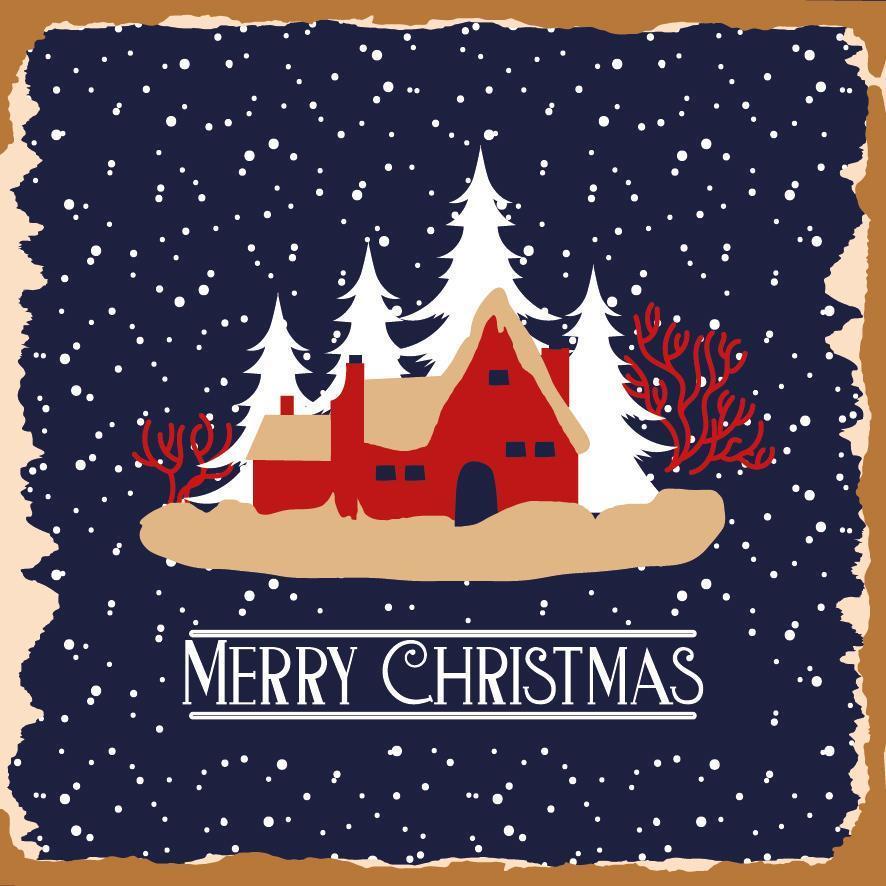 Merry Christmas Card con case e alberi vettore