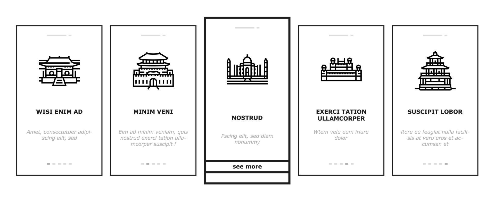 Asia edificio e terra fuga onboarding icone impostato vettore