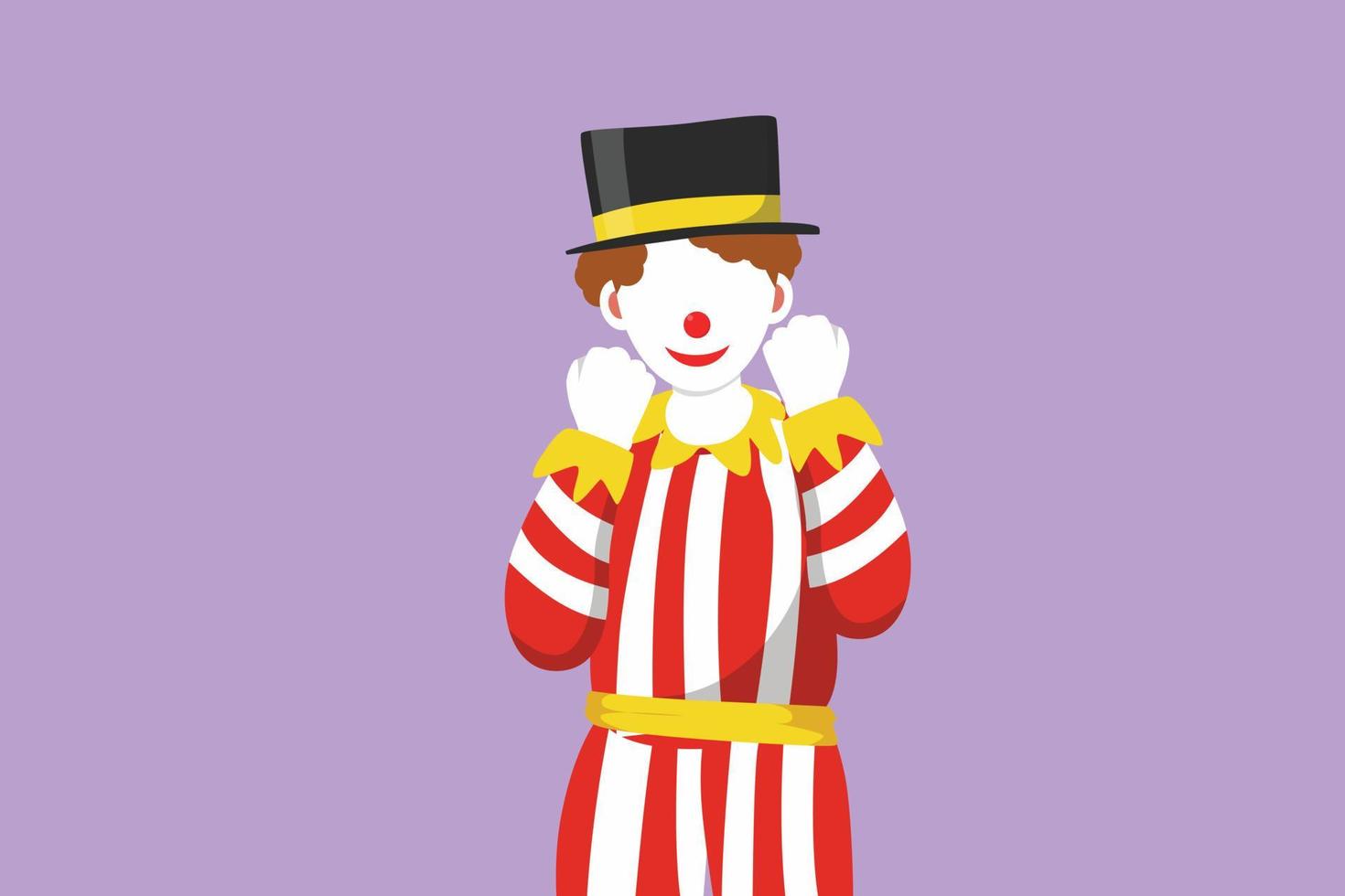 personaggio piatto disegno contento maschio clown in piedi con celebrare gesto indossare cappello e sorridente viso trucco. intrattenere bambini ragazzo a compleanno festa o circo mostrare. cartone animato design vettore illustrazione