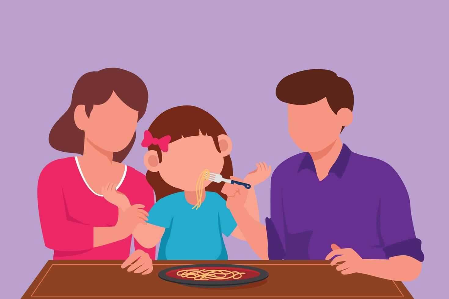 grafico piatto design disegno giovane famiglia avendo pranzo insieme nel ristorante. genitori feed essi figlia con amore. contento poco famiglia mangiare spaghetto o spaghetti. cartone animato stile vettore illustrazione