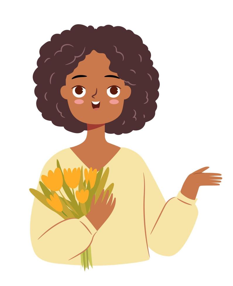 carino africano ragazza con un' fiore mazzo puntamento a qualche cosa. tulipani nel mani. marzo 8 personaggio isolato su bianca sfondo. vettore