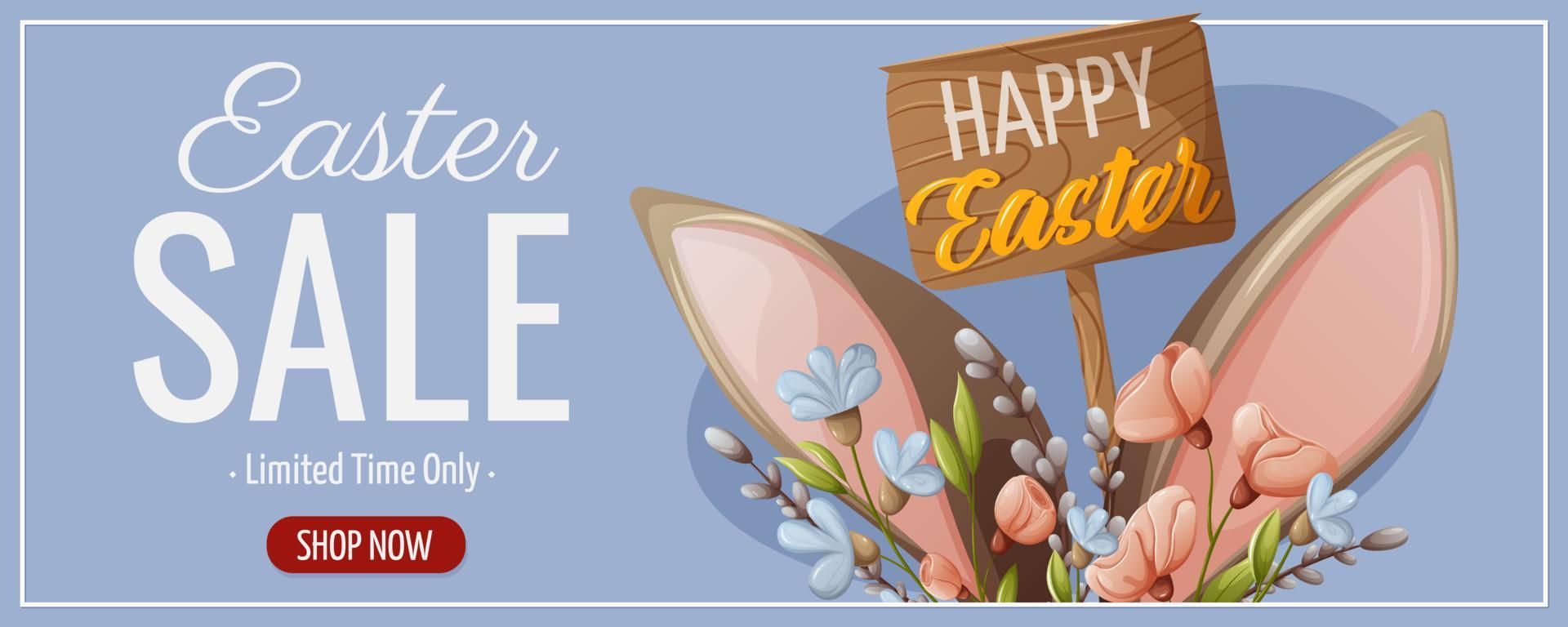 Pasqua saldi. coniglietto orecchie, fiori e salice rami. di legno tavola con testo. vettore illustrazione per il primavera vacanza. blu orizzontale striscione, volantino, manifesto