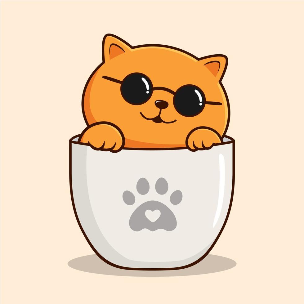 arancia gatto nel tazza agitando zampe cartone animato - arancia figa gatto freddo bicchieri vettore