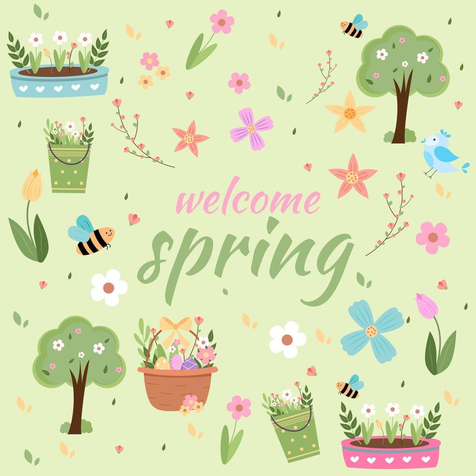 Ciao primavera lettering con carino uccelli, api, fiori, farfalle. mano disegnato piatto cartone animato elementi. vettore