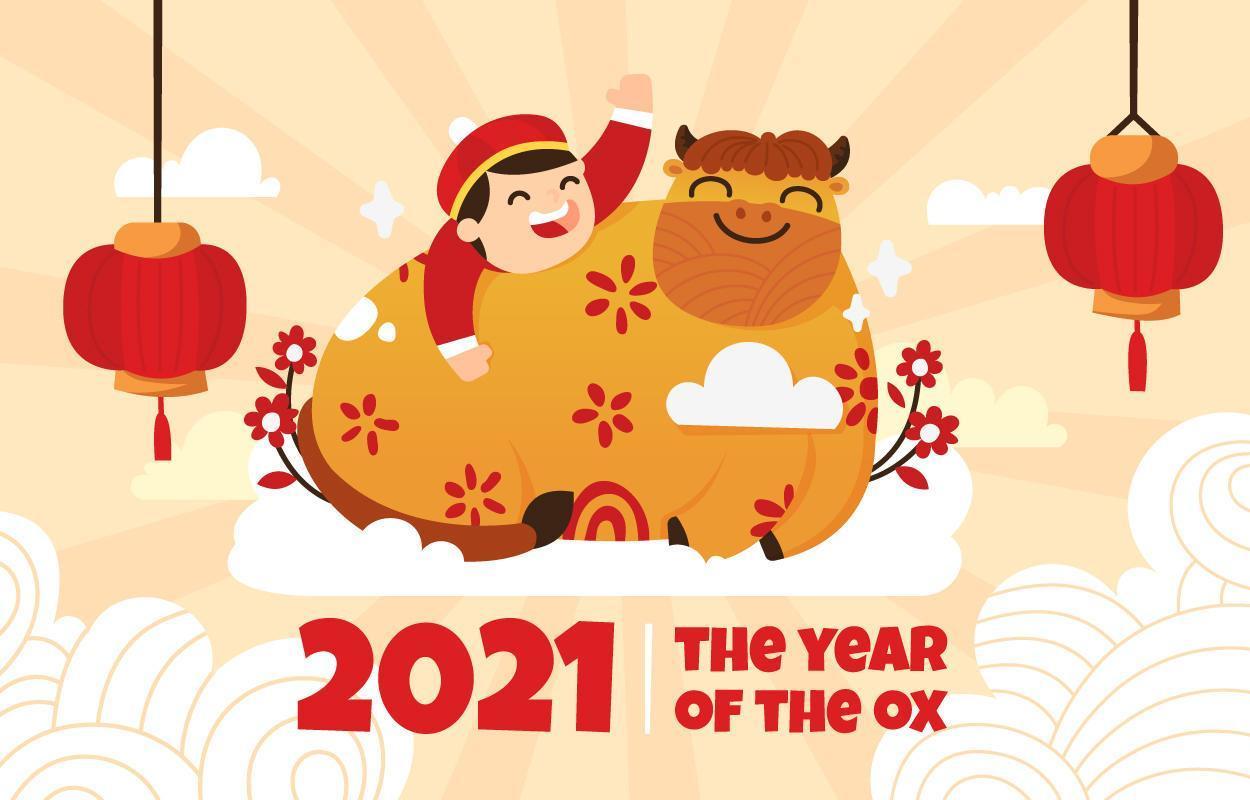 Illustrazione piana del bue dorato 2021 sul capodanno cinese vettore