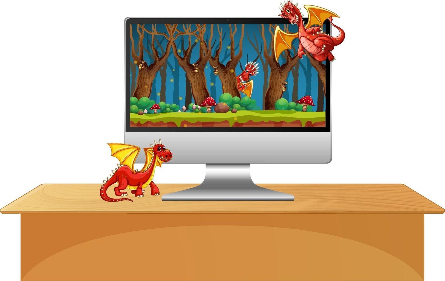 monitor del computer sul tavolo con il personaggio dei cartoni animati del drago sullo schermo vettore