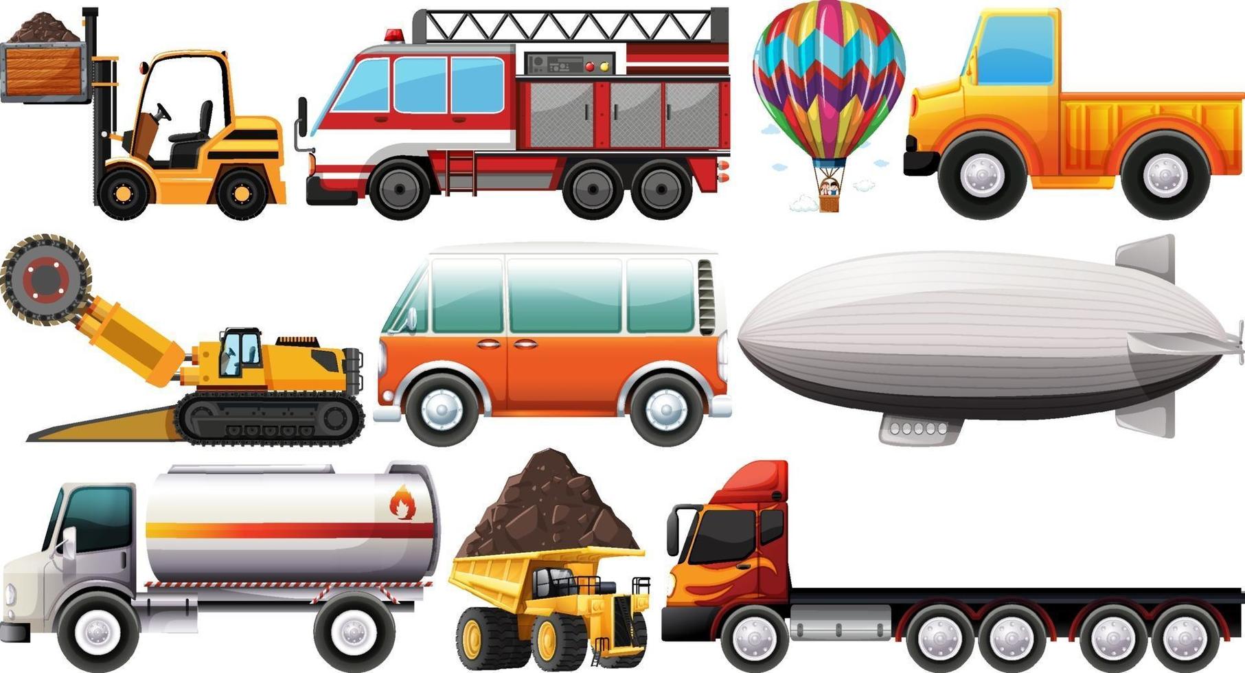 set di diversi tipi di automobili e camion isolati su sfondo bianco vettore