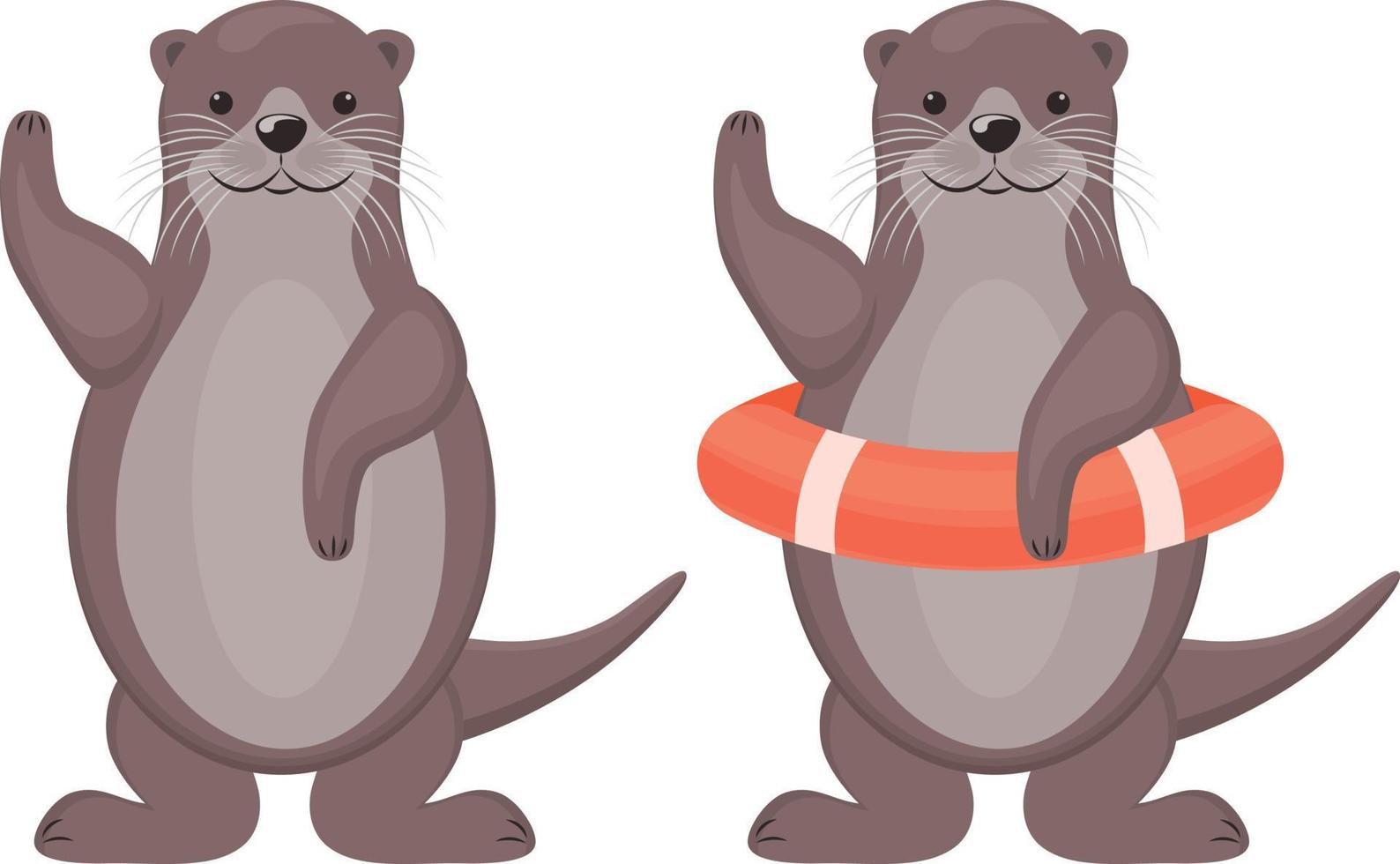 lontre. Due carino cartone animato lontre. un lontra nel un' salvagente. carino fiume animali. vettore illustrazione