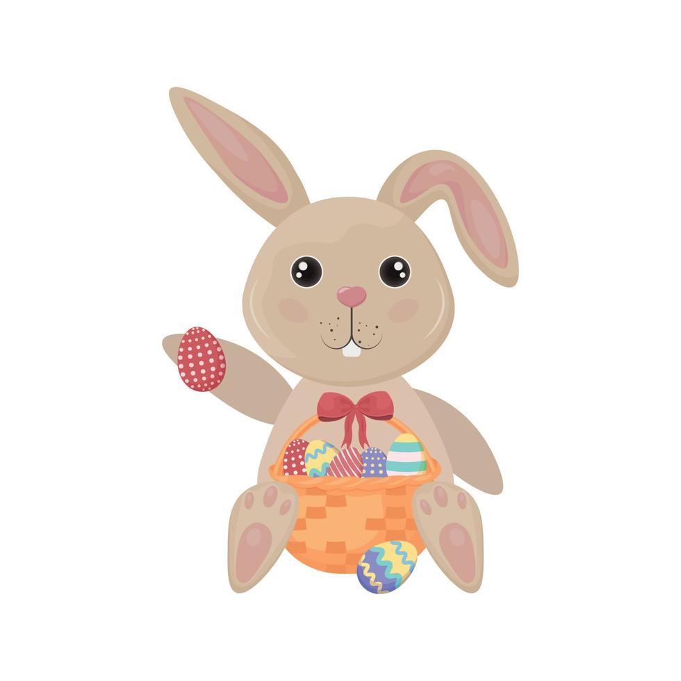 Pasqua coniglietto. un' carino coniglio nel cartone animato stile è seduta con un' cestino di Pasqua uova. divertente coniglietto con colorato Pasqua uova. vettore illustrazione isolato su un' bianca sfondo