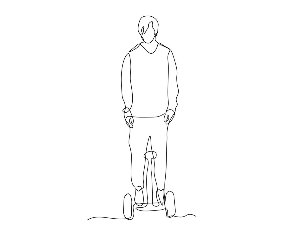 astratto uomo senza un' viso su un' giroscopio scooter disegnato a mano, continuo mono linea, uno linea arte, contorno disegno vettore