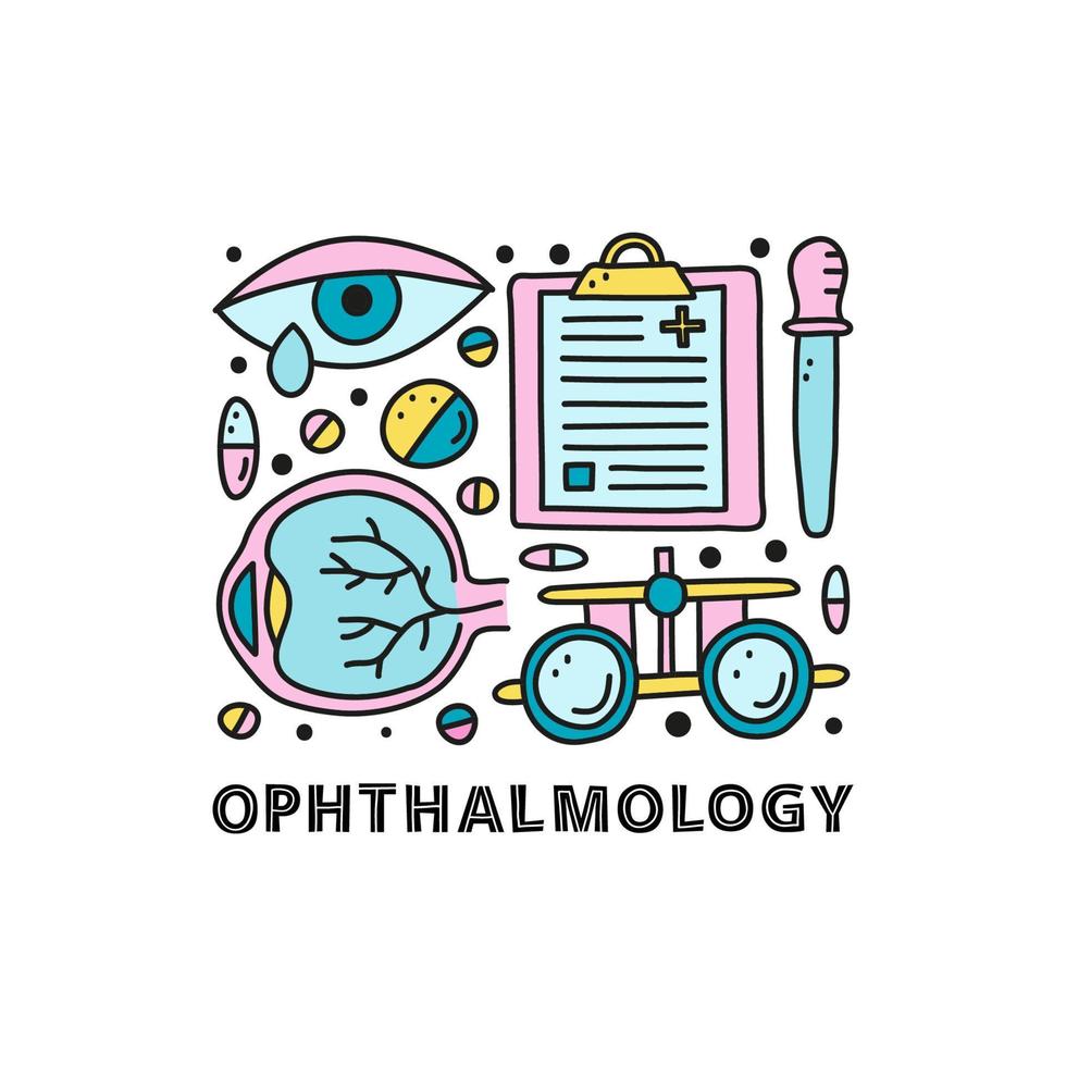 gruppo di scarabocchio colorato oftalmologia icone. vettore