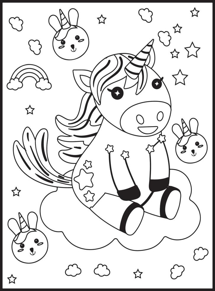 carino kawaii unicorno colorazione pagine vettore