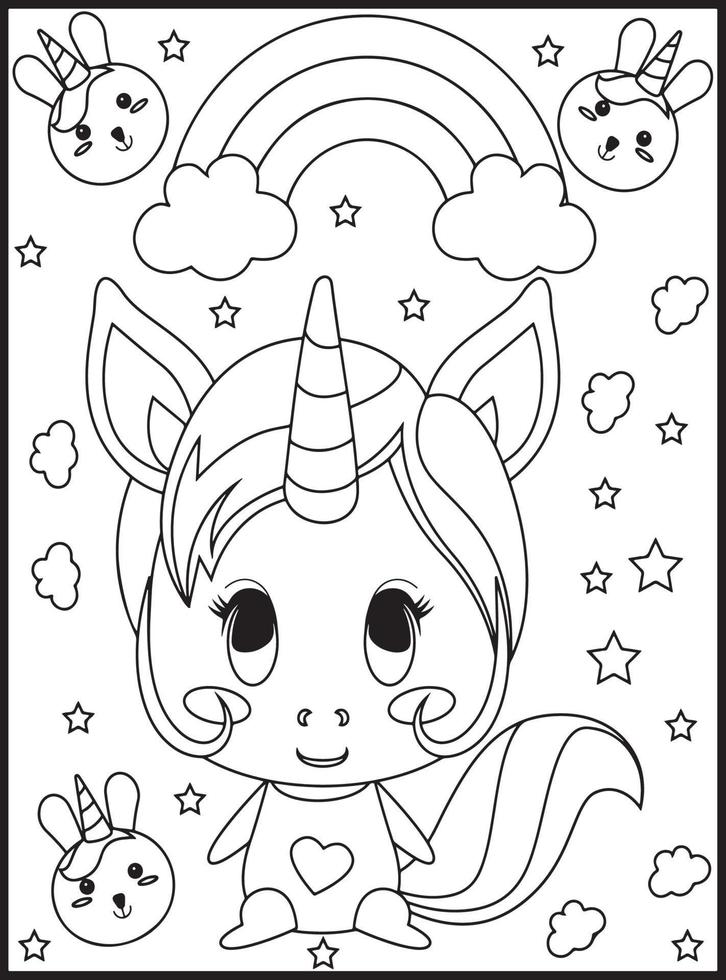 carino kawaii unicorno colorazione pagine vettore