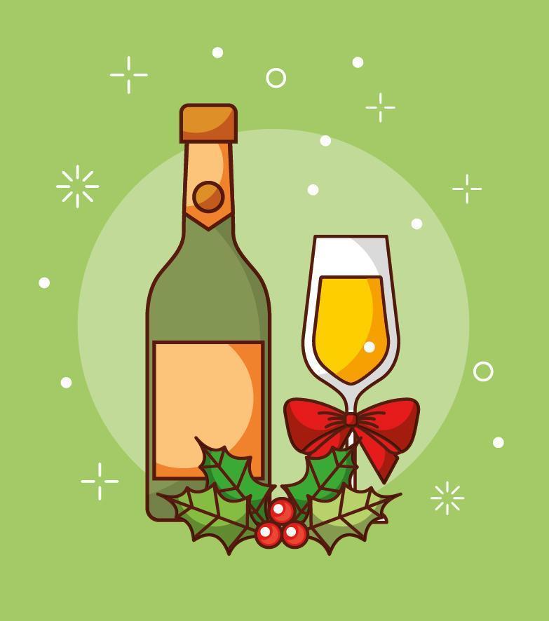 buon natale card con bottiglia di champagne e tazza vettore