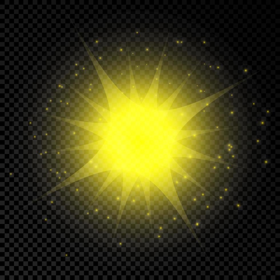 leggero effetto di lente razzi. giallo raggiante luci starburst effetti con scintille vettore