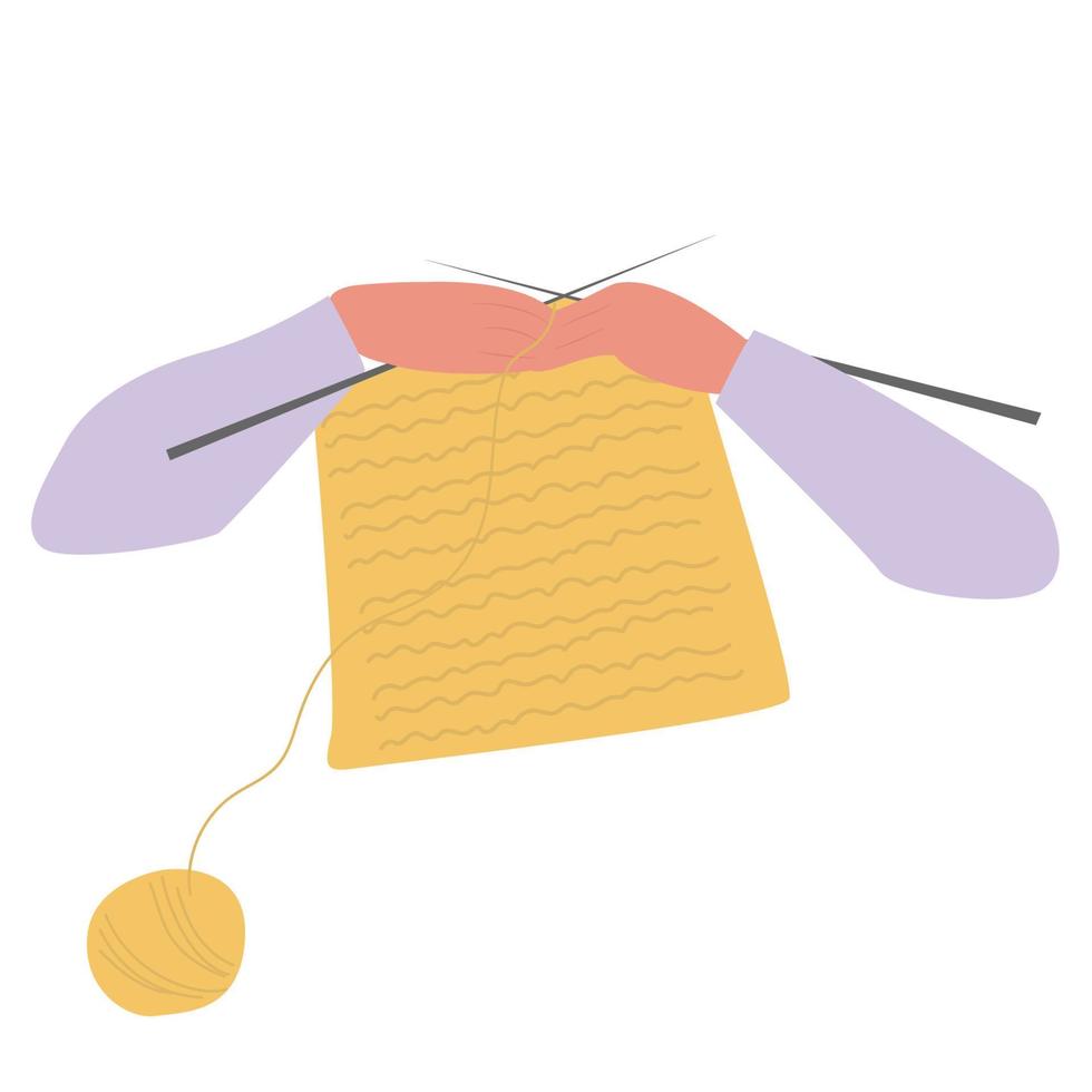 mani con a maglia tessuto su maglieria aghi a partire dal bugna di giallo fili. ricamo, Hobby e tempo libero vettore