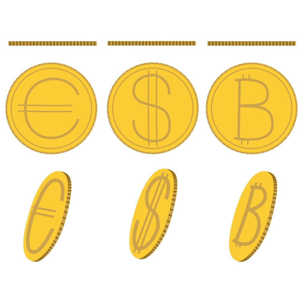 metallo monete di Euro, dollaro e bitcoin nel tre proiezioni su un' bianca sfondo. i soldi vettore illustrazione.