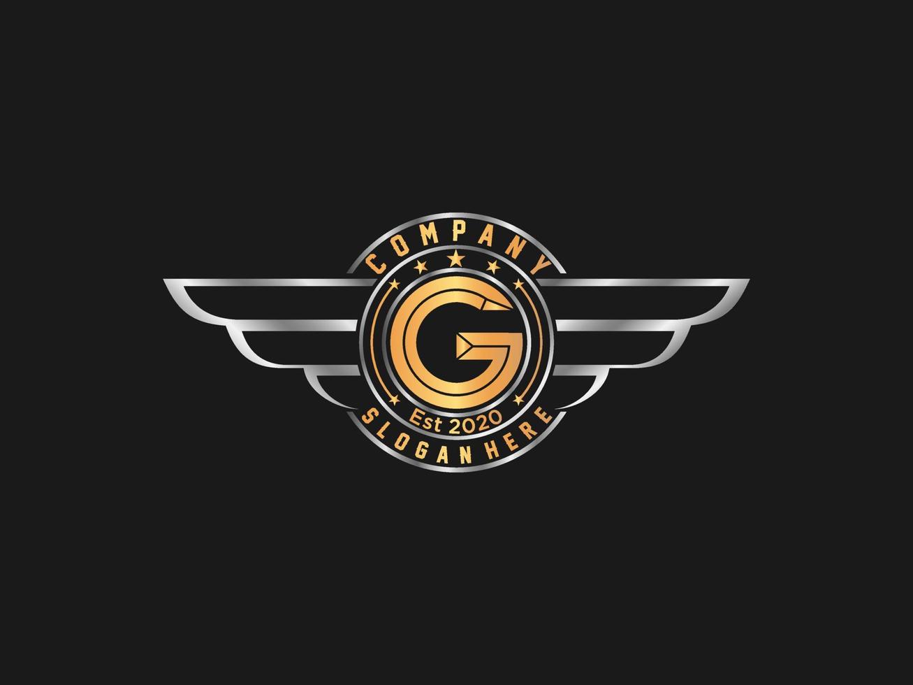 retrò oro Ali distintivo con lettera g . Vintage ▾ logo vettore design elemento