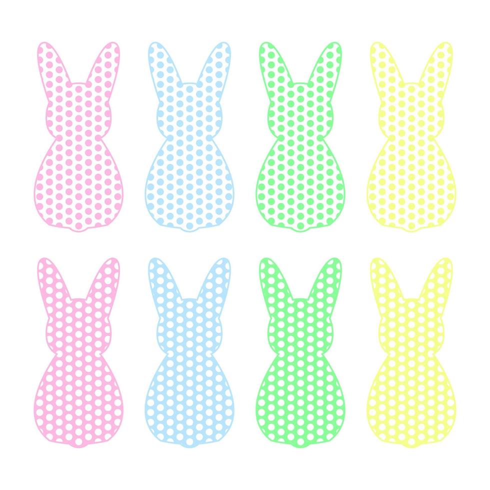 impostato di otto sagome di conigli nel polka punti. Pasqua coniglietti vettore