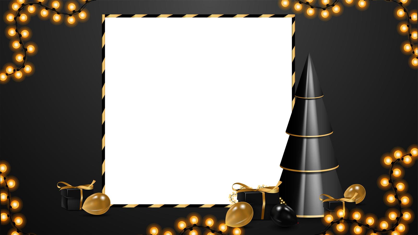 modello vuoto di sconto di Natale in bianco e nero con spazio di copia. albero di natale geometrico volumetrico con regali nei colori nero e oro vettore