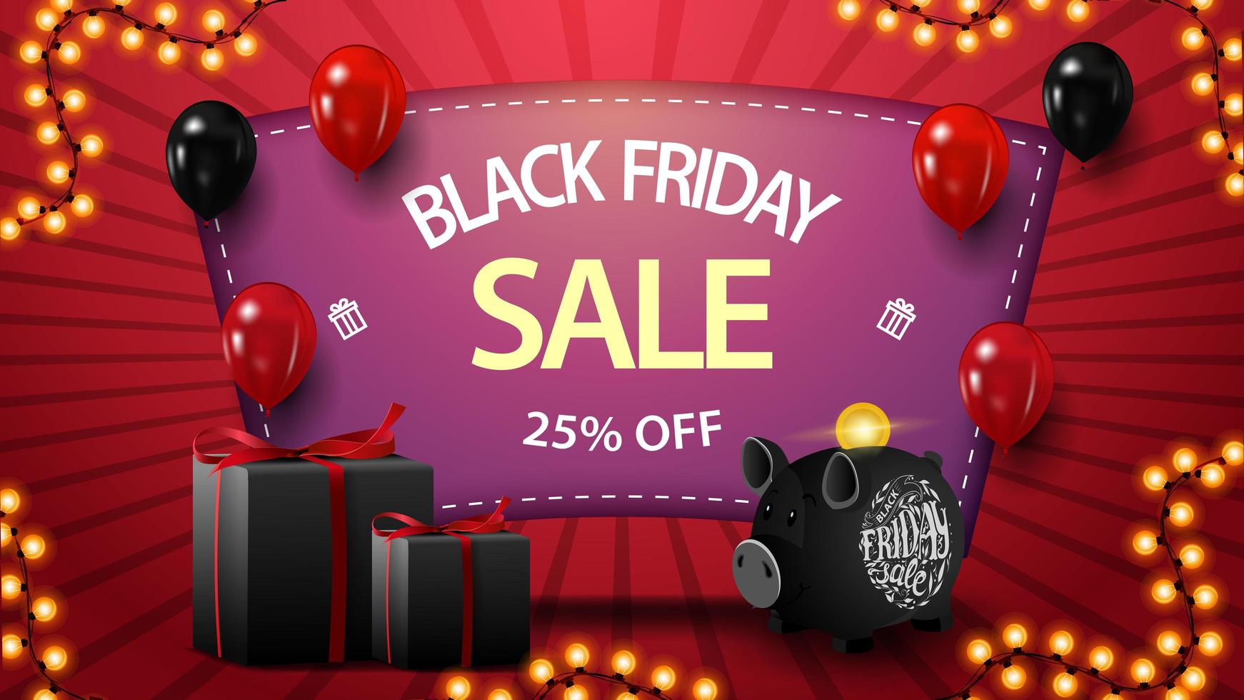 svendita del black friday, fino a 25, sconto banner rosa con regali, salvadanaio e palloncini vettore